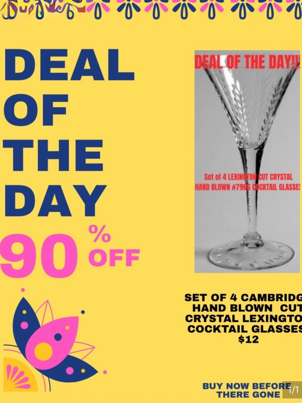 DEAL OF THE DAY! Set of 4 Hand Blown Cut Crystal Lexington Cocktail Glasses.